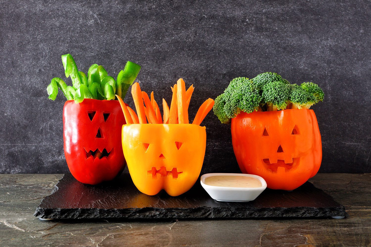 Bell Pepper Jack O' Lanterns with Veggies & Dip Eagle Eye Produce