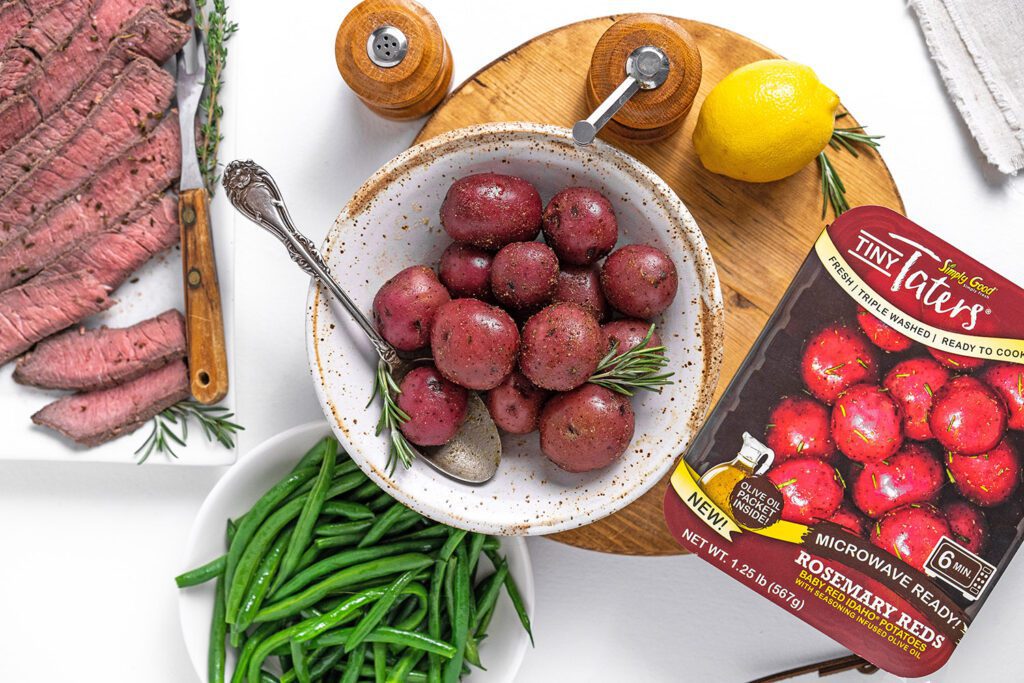 London Broil Tiny Taters on a White COlor Bowl