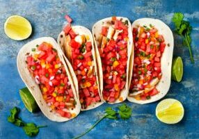 Mexican grilled chicken tacos with watermelon salsa