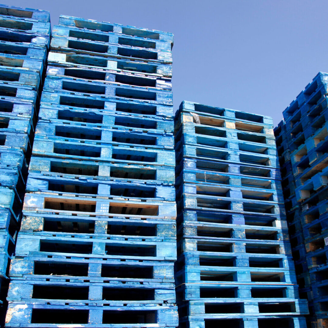 a lot of blue pallets in sunshine with blue sky