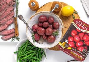 London Broil Tiny Taters on a White COlor Bowl
